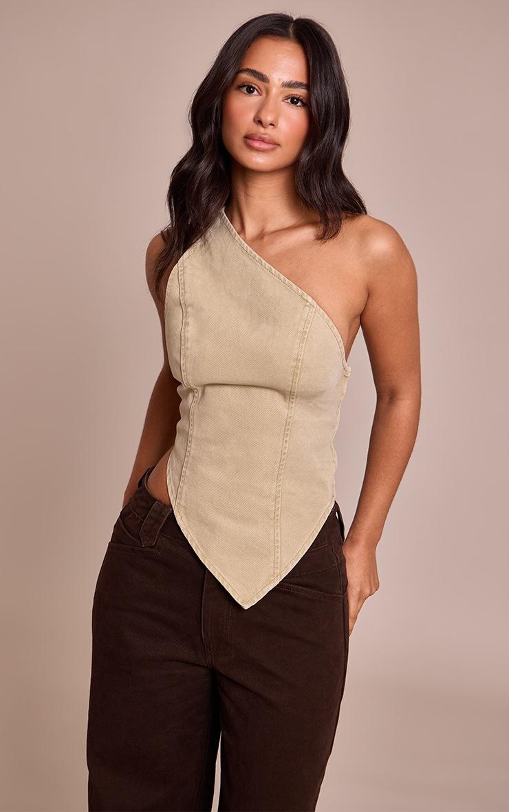 Pretty Little Thing Petite Washed Khaki Denim Asymmetric Top