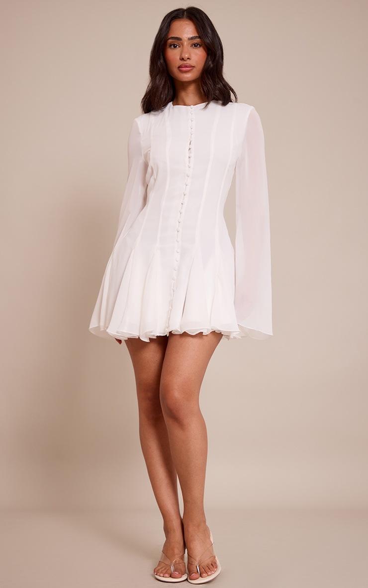 Pretty Little Thing Petite White Button Detail Long Sleeve Mini Dress