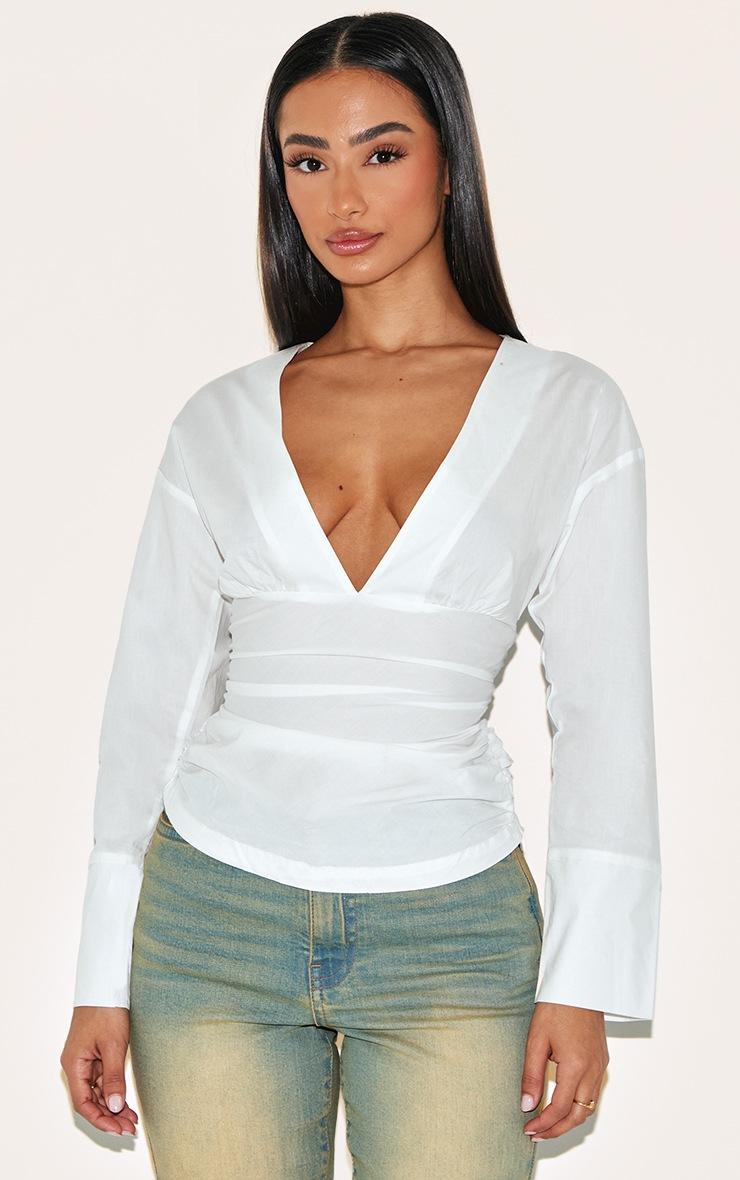 Pretty Little Thing Petite White Fitted Ruched Waist Shirt