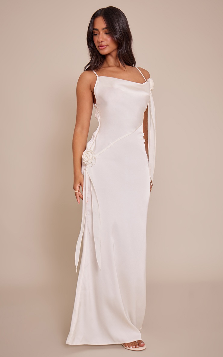 Pretty Little Thing Petite White Satin Floral Drape Cowl Neck Maxi Dress