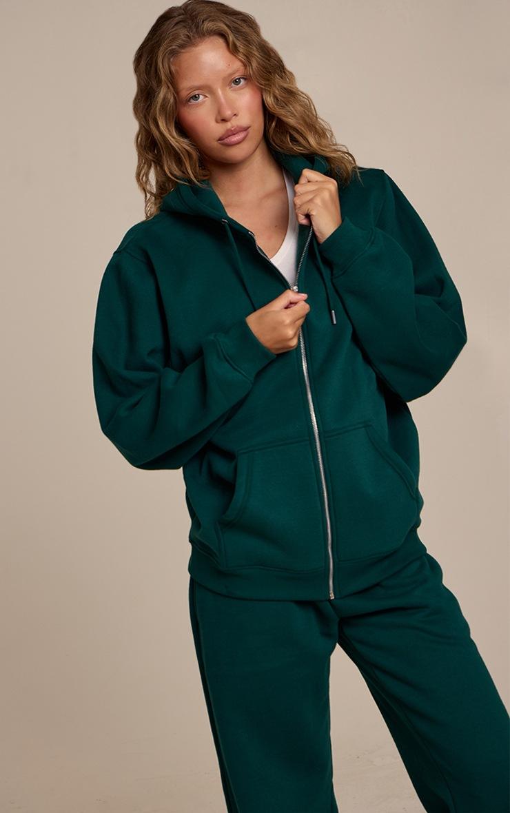 Pretty Little Thing Pine Green Cotton Fleece Full Zip Hoodie