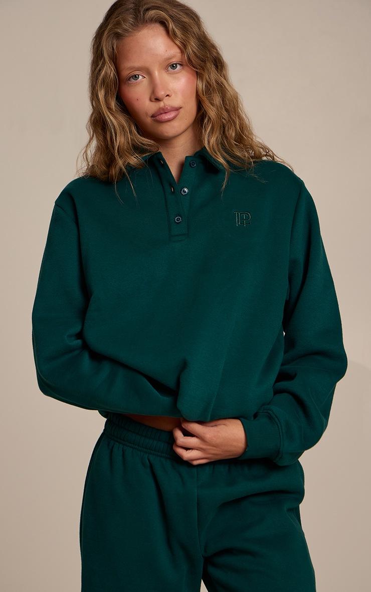 Pretty Little Thing Pine Green Cotton Fleece Polo Sweatshirt