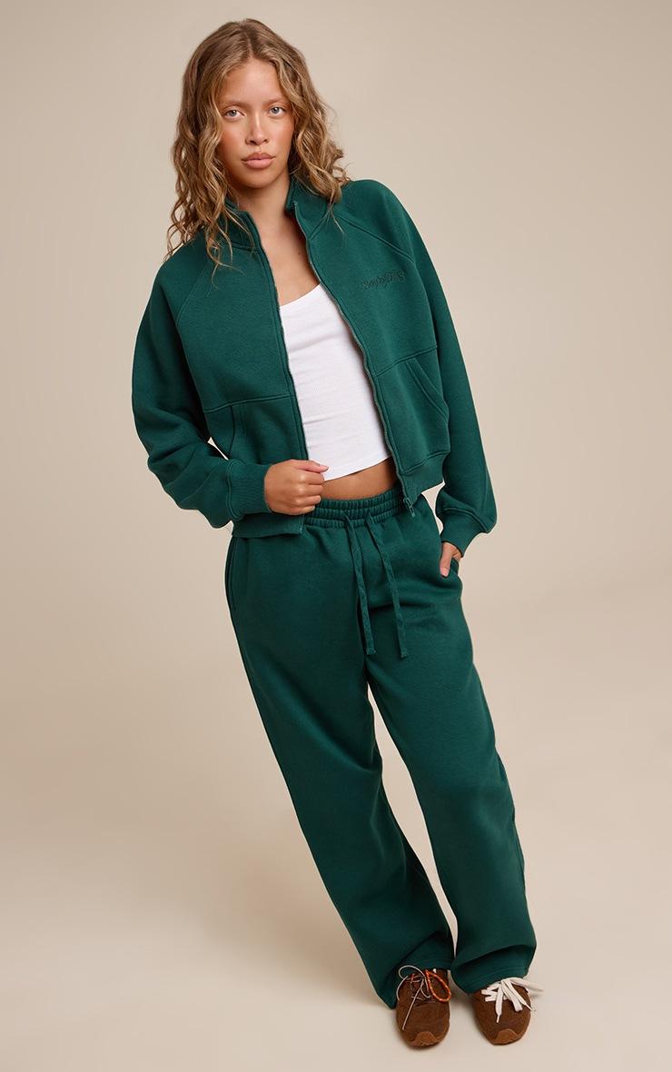 Pretty Little Thing Pine Green Seam Detail Zip Up Fleeceback Jacket