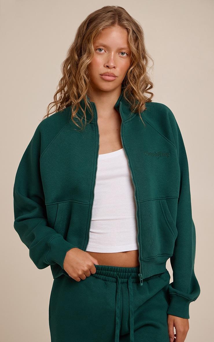 Pretty Little Thing Pine Green Seam Detail Zip Up Fleeceback Jacket
