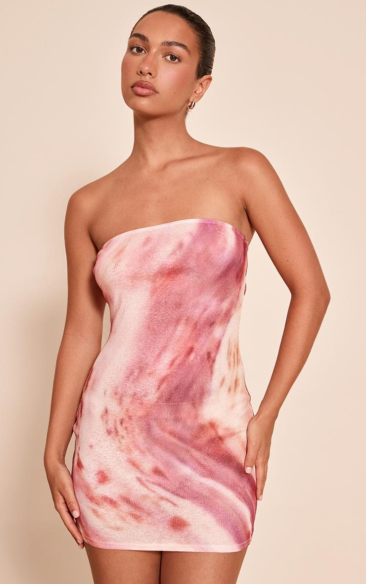 Pretty Little Thing Pink Abstract Print Onion Skin Bandeau Mini Dress