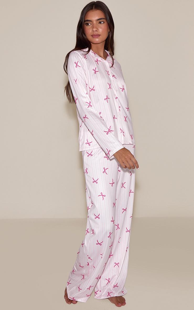 Pretty Little Thing Pink Bow Striped Long Sleeve Button Through PJ Set