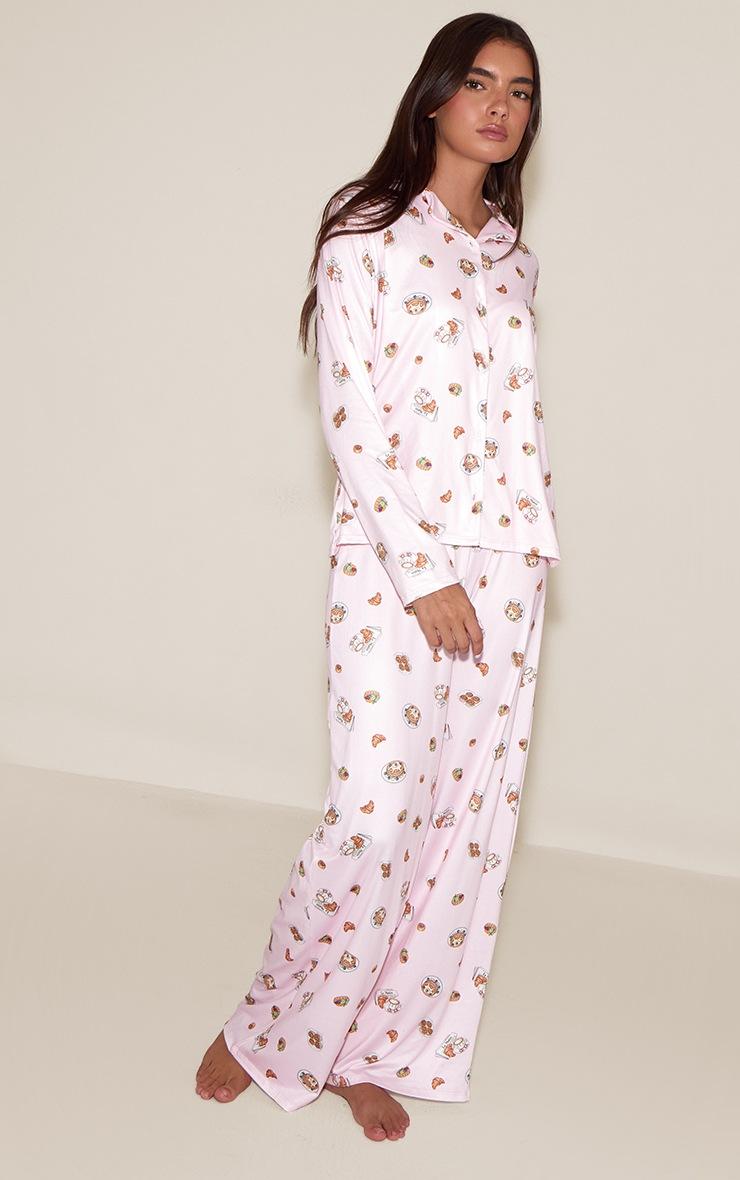 Pretty Little Thing Pink Breakfast Print Long Sleeve Button Through PJ Set