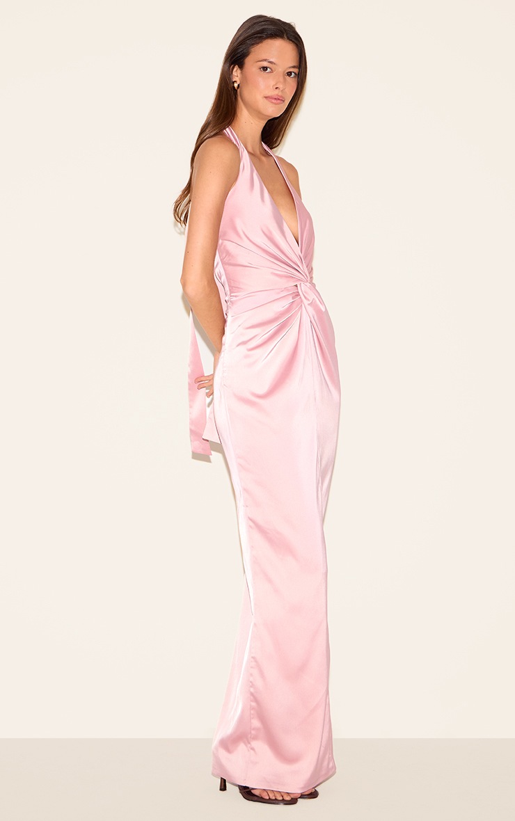 Pretty Little Thing Pink Bridesmaid Satin Twist Detail Halterneck Maxi Dress