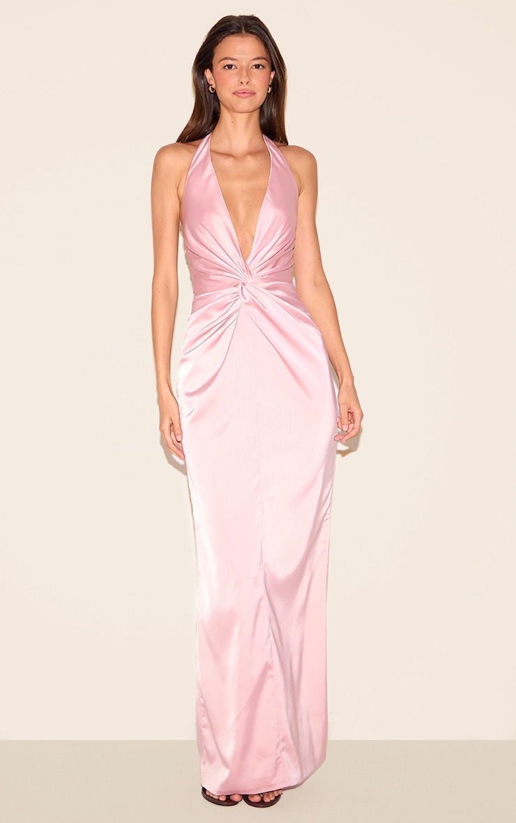 Pretty Little Thing Pink Bridesmaid Satin Twist Detail Halterneck Maxi Dress