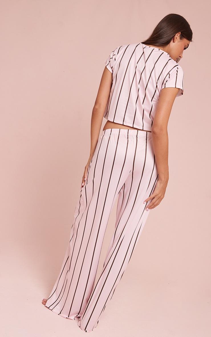 Pretty Little Thing Pink & Brown Stripe Short Sleeve And Wide Leg Pant PJ Set