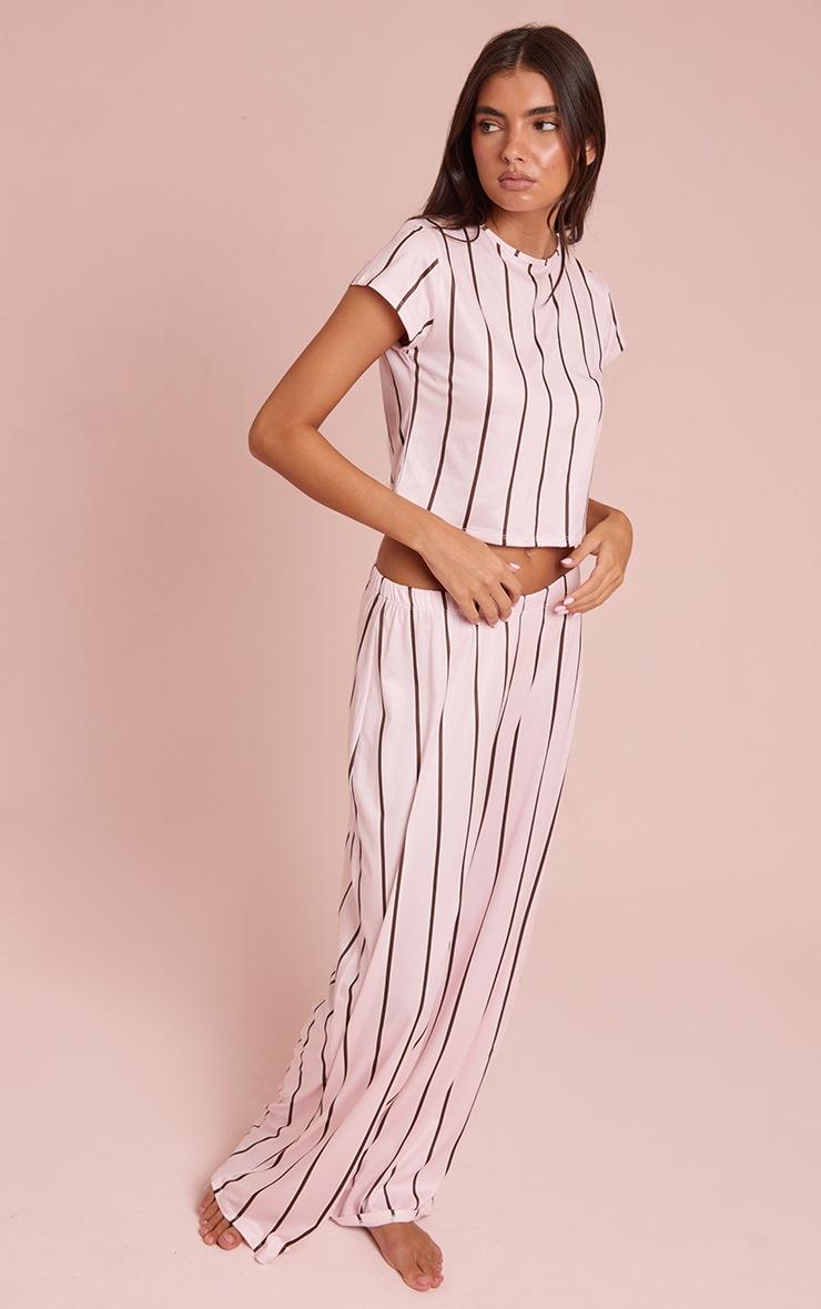 Pretty Little Thing Pink & Brown Stripe Short Sleeve And Wide Leg Pant PJ Set