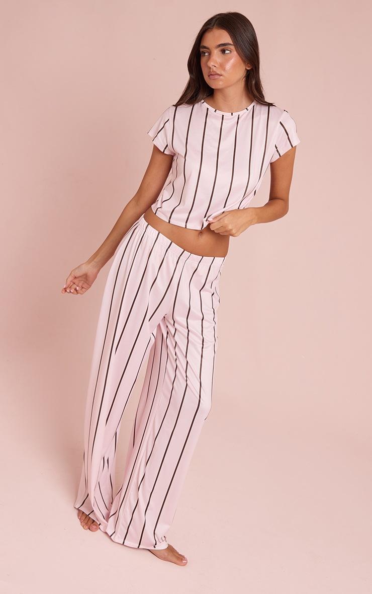 Pretty Little Thing Pink & Brown Stripe Short Sleeve and Wide Leg Pant PJ Set