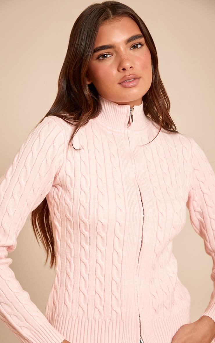 Pretty Little Thing Pink Cable Knit Long Sleeve Zip Up Sweater