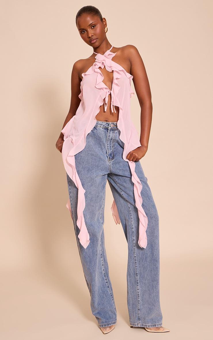 Pretty Little Thing Pink Chiffon Ruffle Drape Detail Longline Top