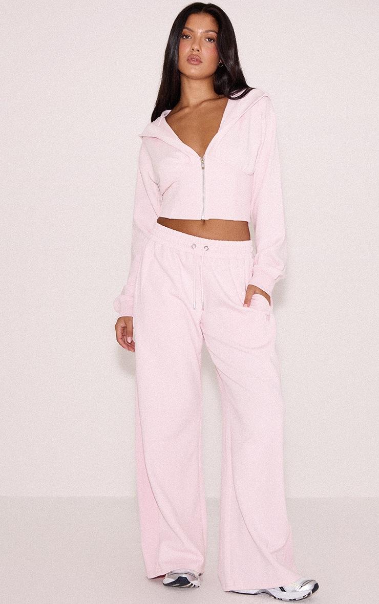 Pretty Little Thing Pink Embroidered Interlock Rib Panel Wide Leg Sweatpants