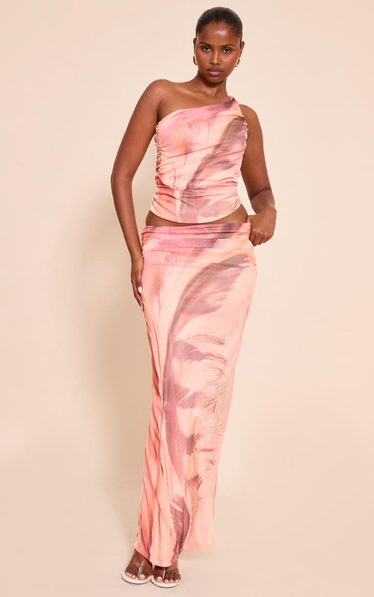 Pretty Little Thing Pink Feather Print Mesh Asymmetric Long Top