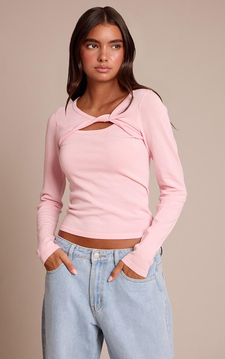 Pretty Little Thing Pink Fine Knit Twist Neck Long Sleeve Top