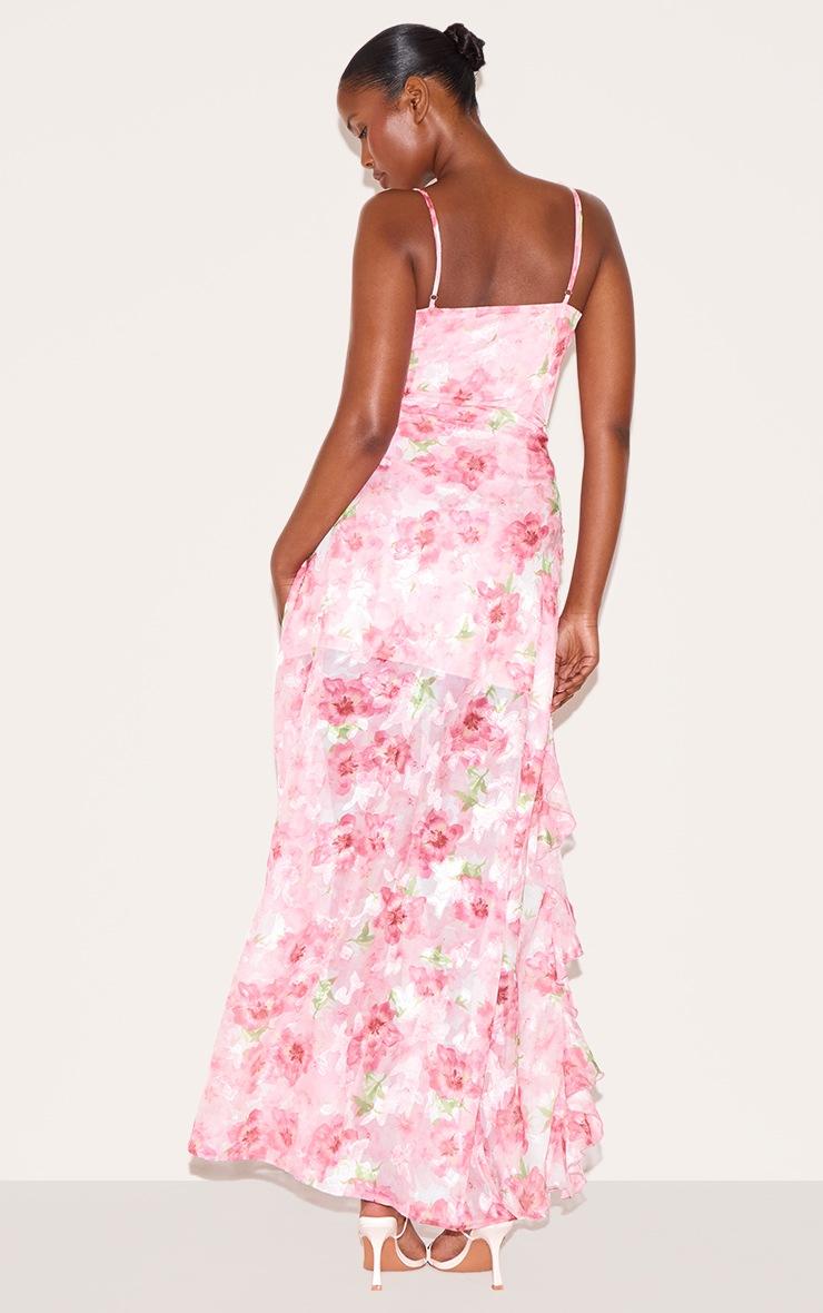 Pretty Little Thing Pink Floral Chiffon Frill Plunge Strappy Maxi Dress