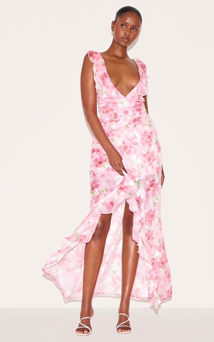 Pretty Little Thing Pink Floral Chiffon Frill Plunge Strappy Maxi Dress
