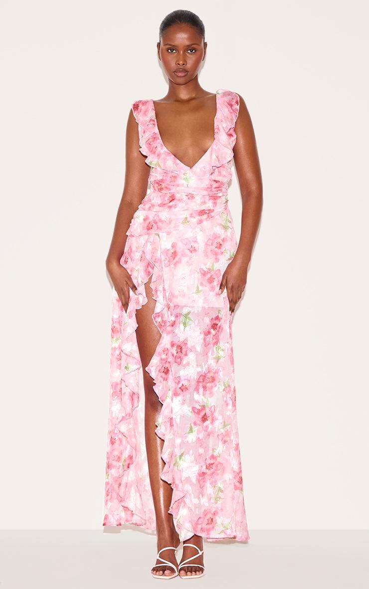 Pretty Little Thing Pink Floral Chiffon Frill Plunge Strappy Maxi Dress