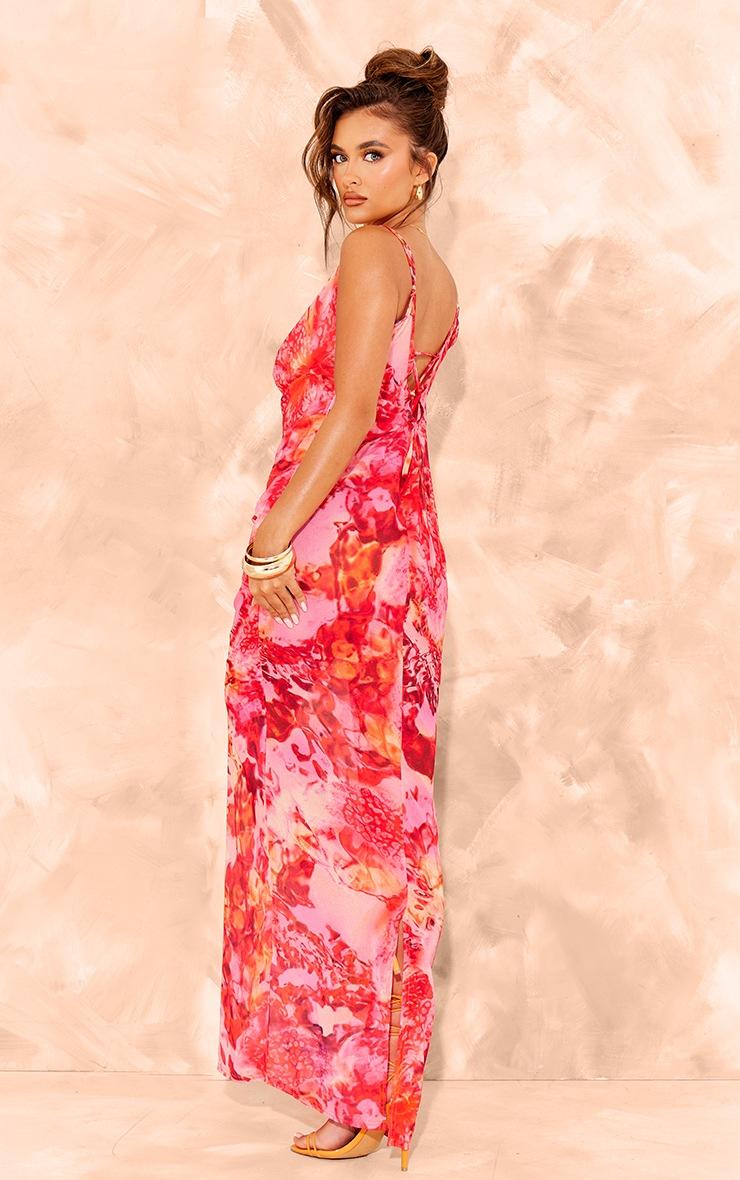 Pretty Little Thing Pink Floral Print Sheer Chiffon Lace Up Back Maxi Dress