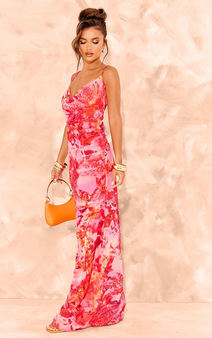 Pretty Little Thing Pink Floral Print Sheer Chiffon Lace Up Back Maxi Dress