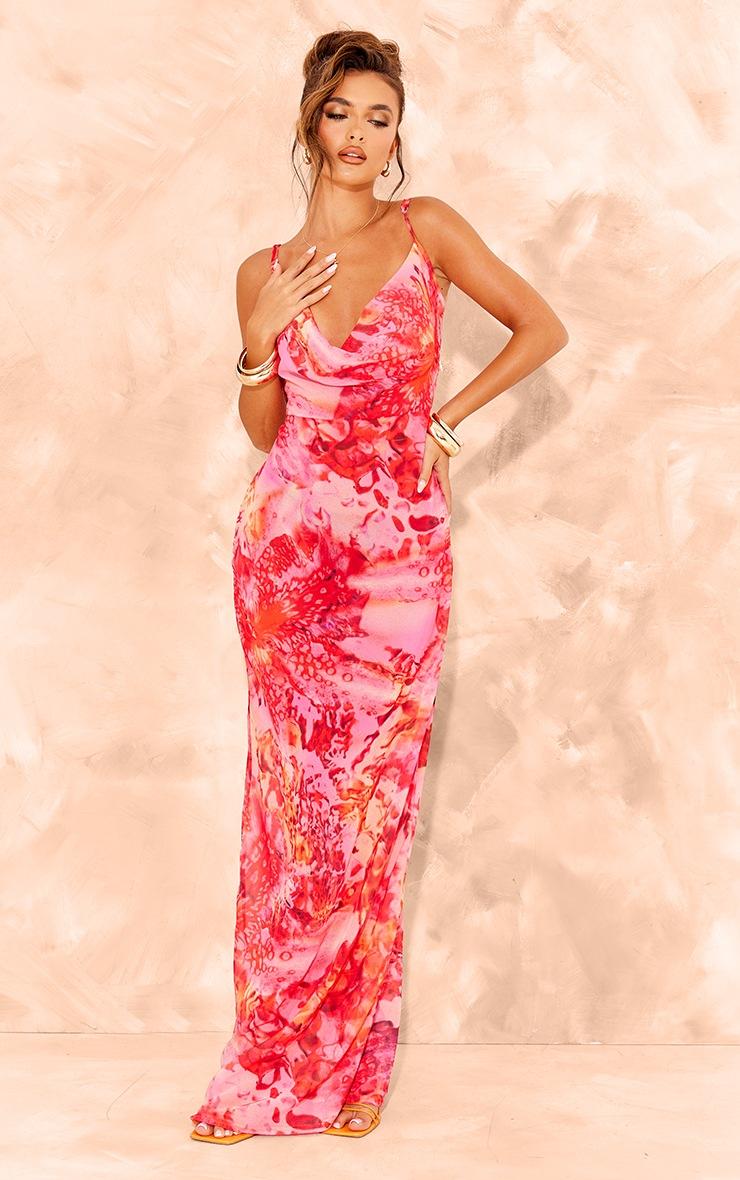 Pretty Little Thing Pink Floral Print Sheer Chiffon Lace Up Back Maxi Dress