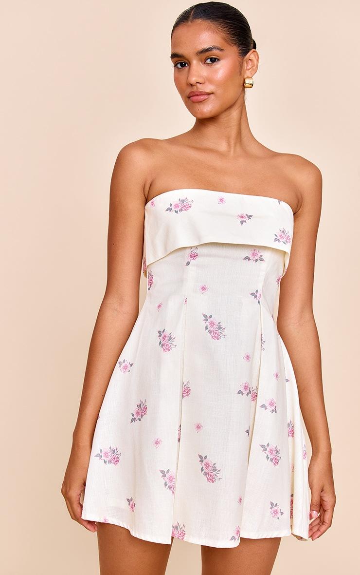 Pretty Little Thing Pink Floral Printed Linen-Blend Bandeau Fold Over Shift Dress