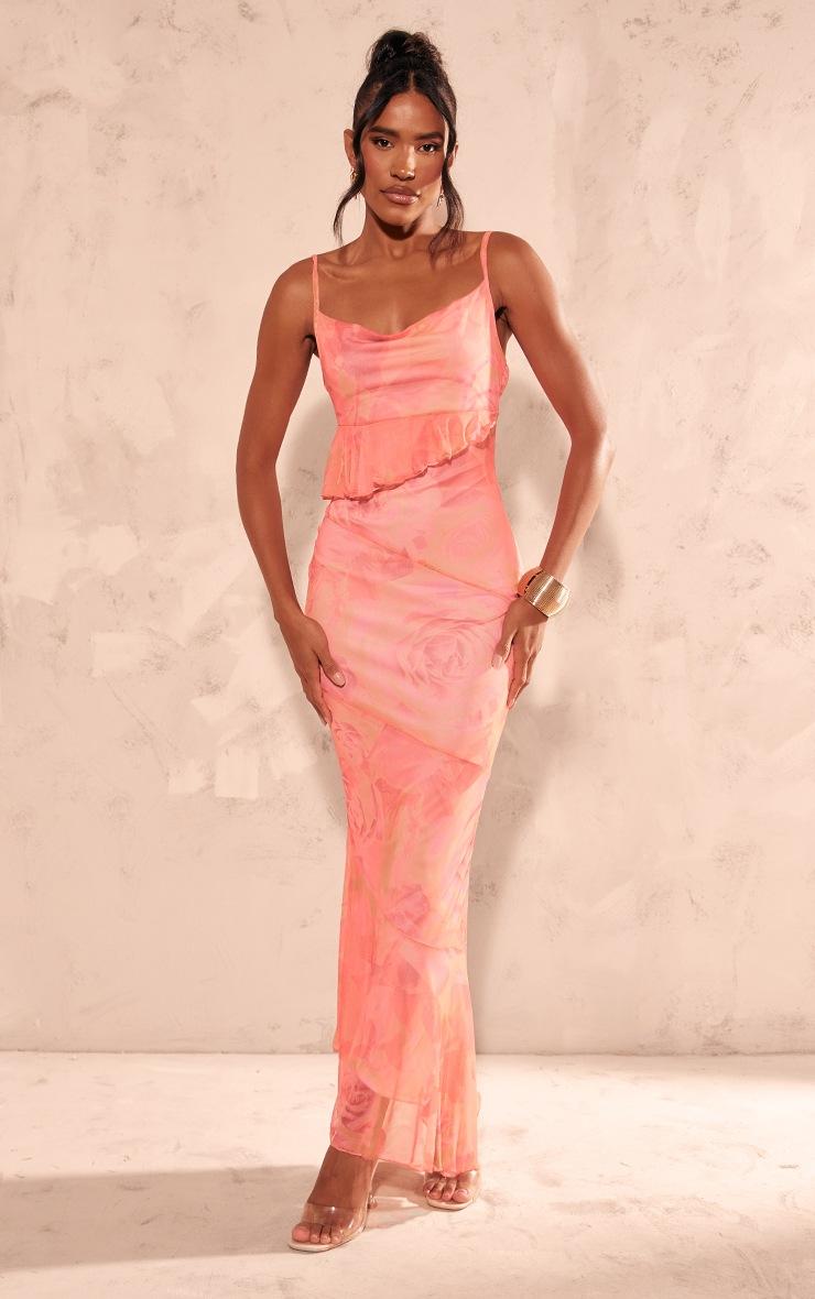 Pretty Little Thing Pink Printed Mesh Frill Cowl Back Maxi Dress