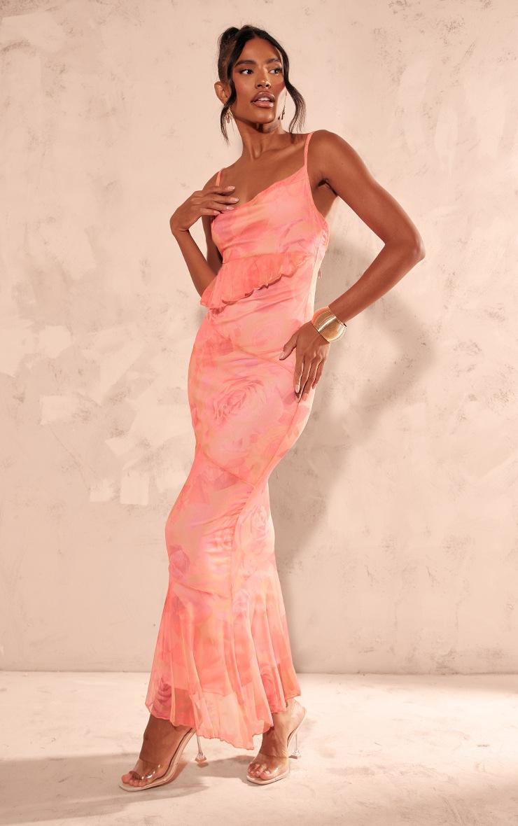 Pretty Little Thing Pink Printed Mesh Frill Cowl Back Maxi Dress