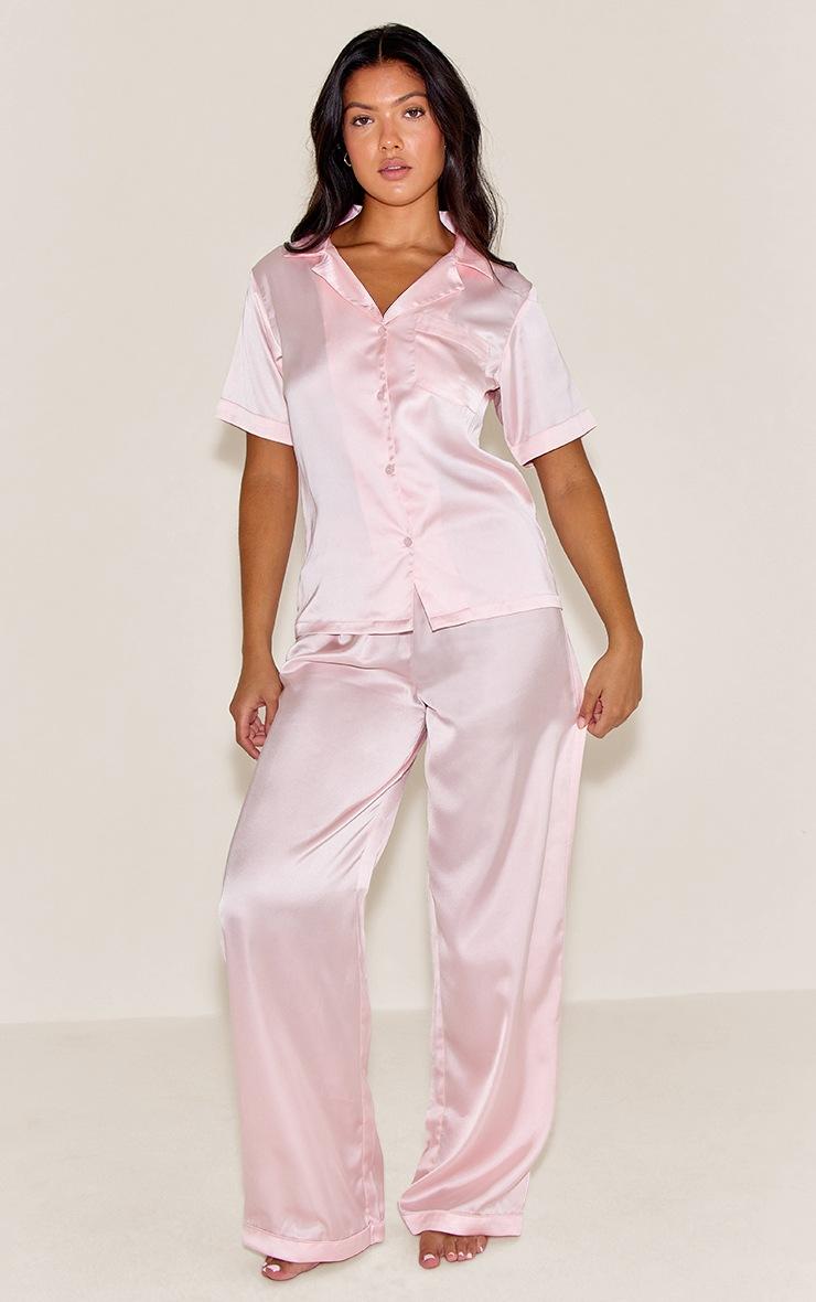 Pretty Little Thing Pink Satin Short Sleeve Long Pj Set