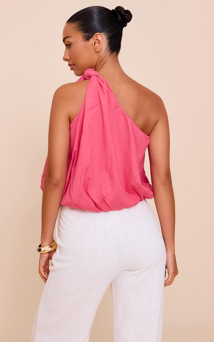 Pretty Little Thing Pink Stretch Woven Knot Detail One Shoulder Puffball Top