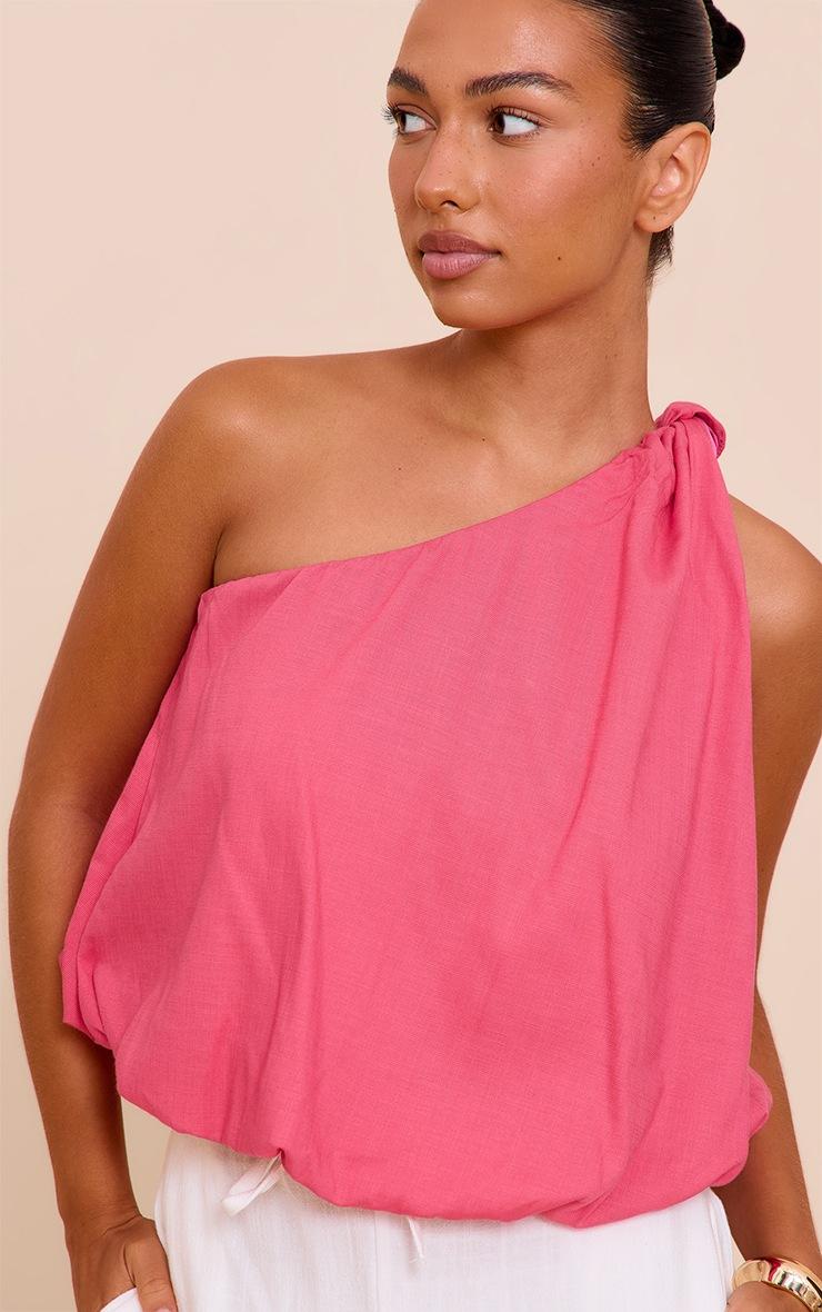 Pretty Little Thing Pink Stretch Woven Knot Detail One Shoulder Puffball Top