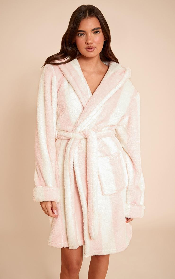 Pretty Little Thing Pink Stripe Fleece Hooded Short Bath Robe