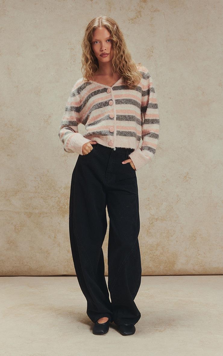 Pretty Little Thing Pink Striped Brushed V Neck Covered Button Knitted Cardigan