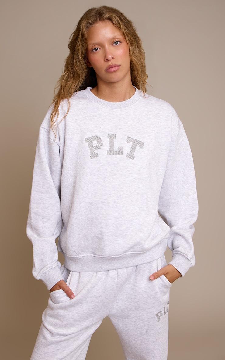 Pretty Little Thing PLT Ash Grey Glitter Logo Pullover Sweatshirt