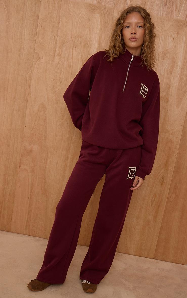 Pretty Little Thing PLT Burgundy Cotton Fleece Quarter Zip Sweatshirt