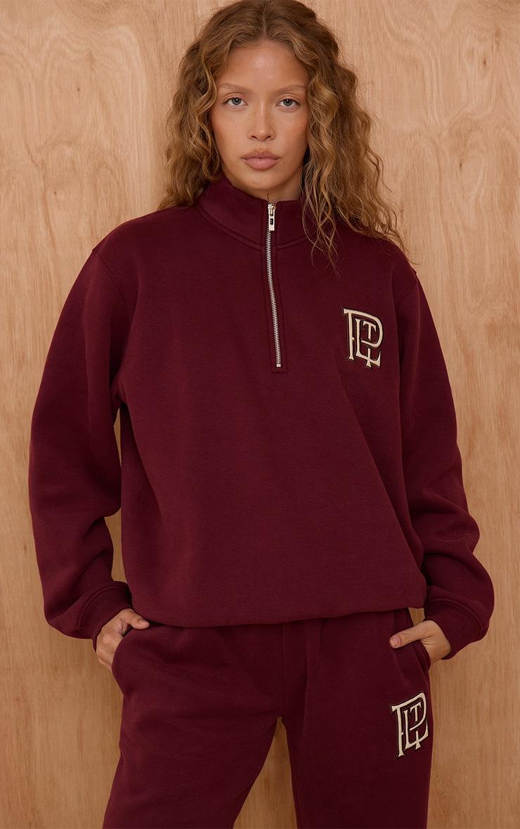 Pretty Little Thing PLT Burgundy Cotton Fleece Quarter Zip Sweatshirt