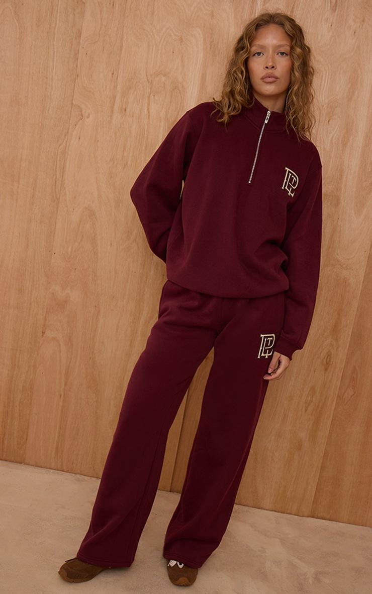 Pretty Little Thing PLT Burgundy Cotton Fleece Straight Leg Sweatpants