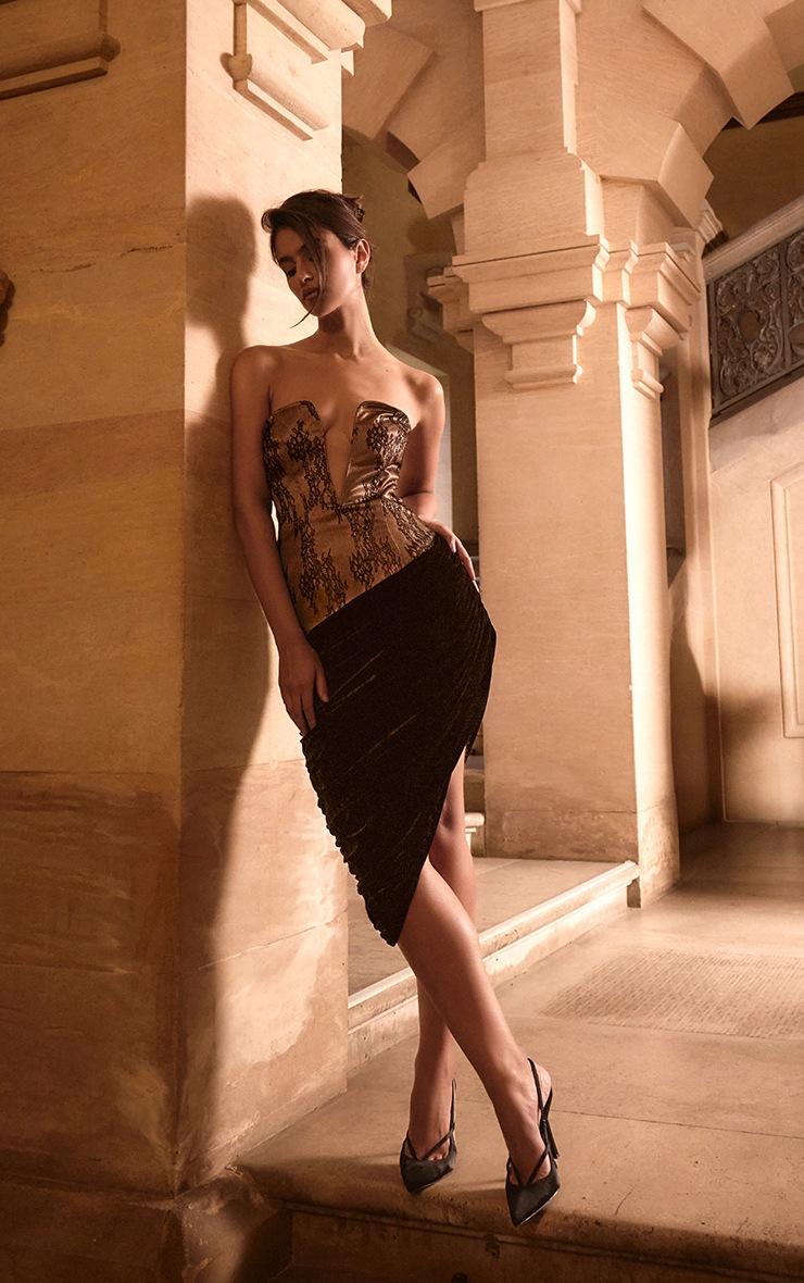 Pretty Little Thing PLT Label Black Lace Plunge Bandeau Velvet Asymmetric Skirt Midaxi Dress