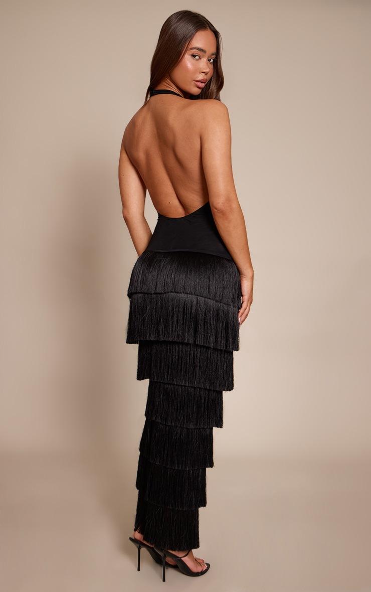Pretty Little Thing PLT Label Black Mesh Halterneck Fringe Skirt Maxi Dress