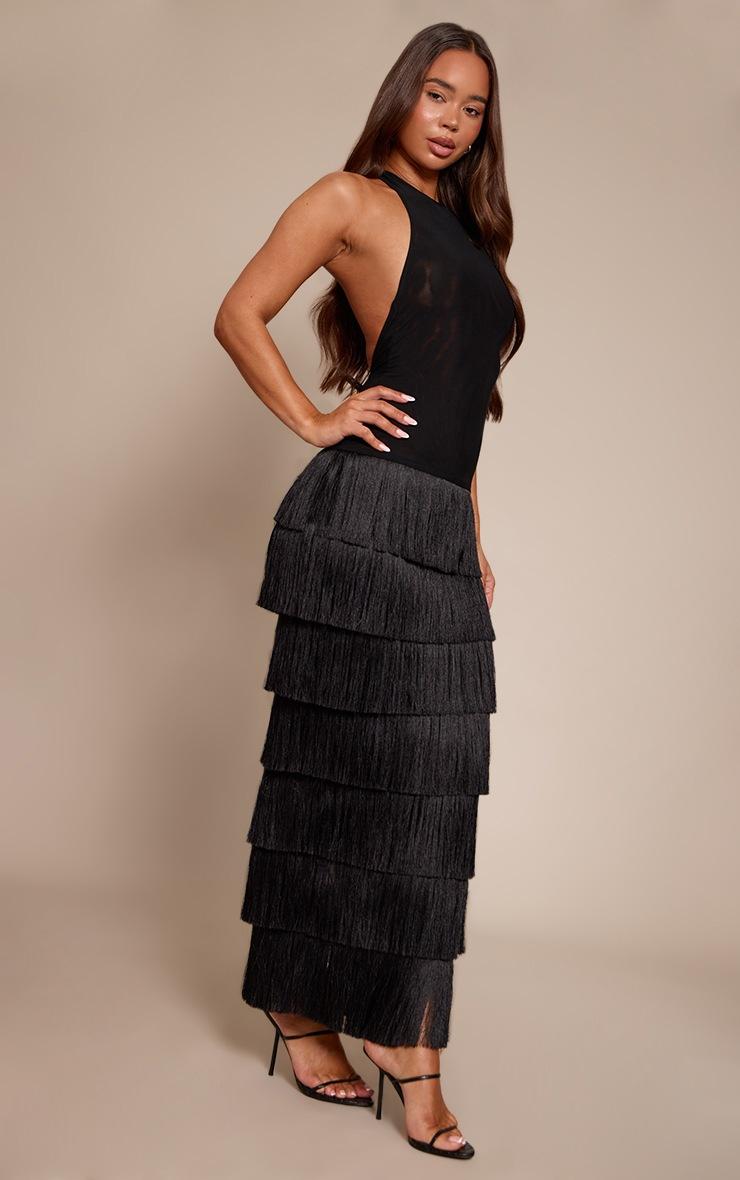 Pretty Little Thing PLT Label Black Mesh Halterneck Fringe Skirt Maxi Dress