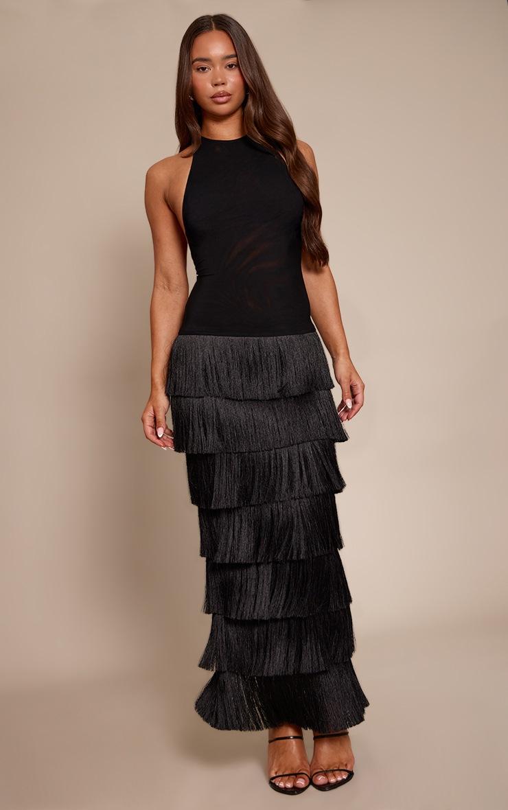 Pretty Little Thing PLT Label Black Mesh Halterneck Fringe Skirt Maxi Dress