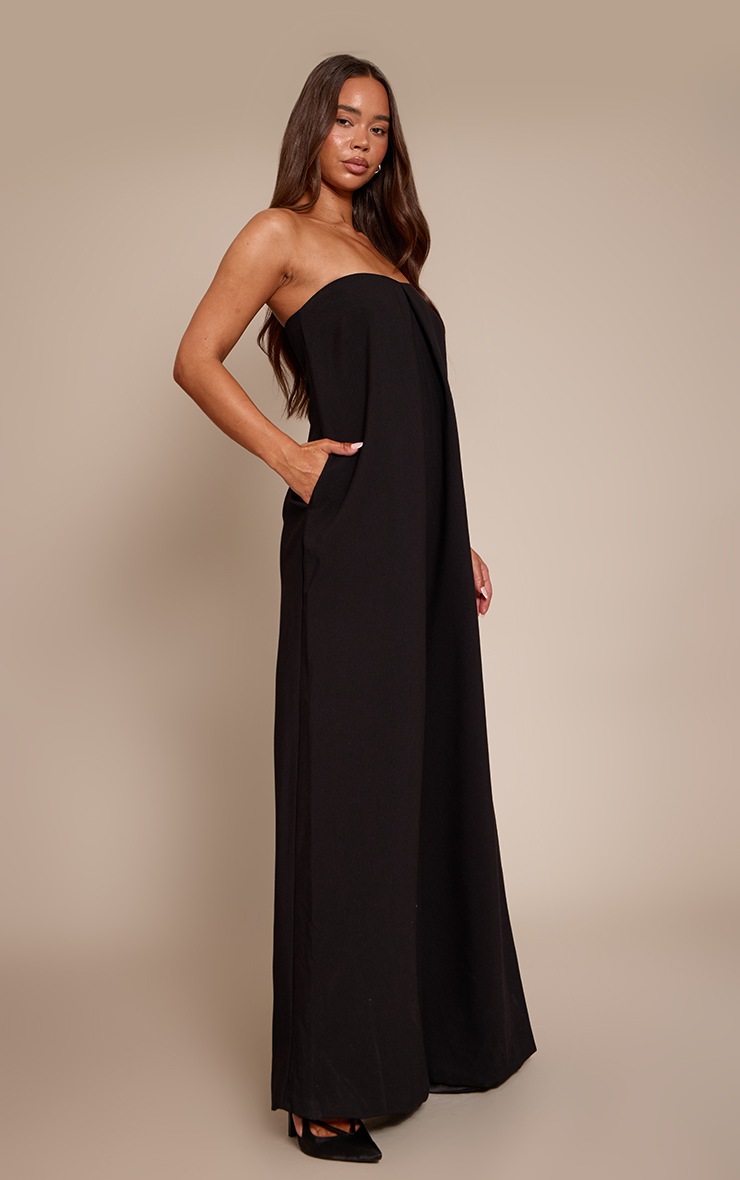 Pretty Little Thing PLT Label Black Pleat Detail Bandeau Wide Leg Jumpsuit