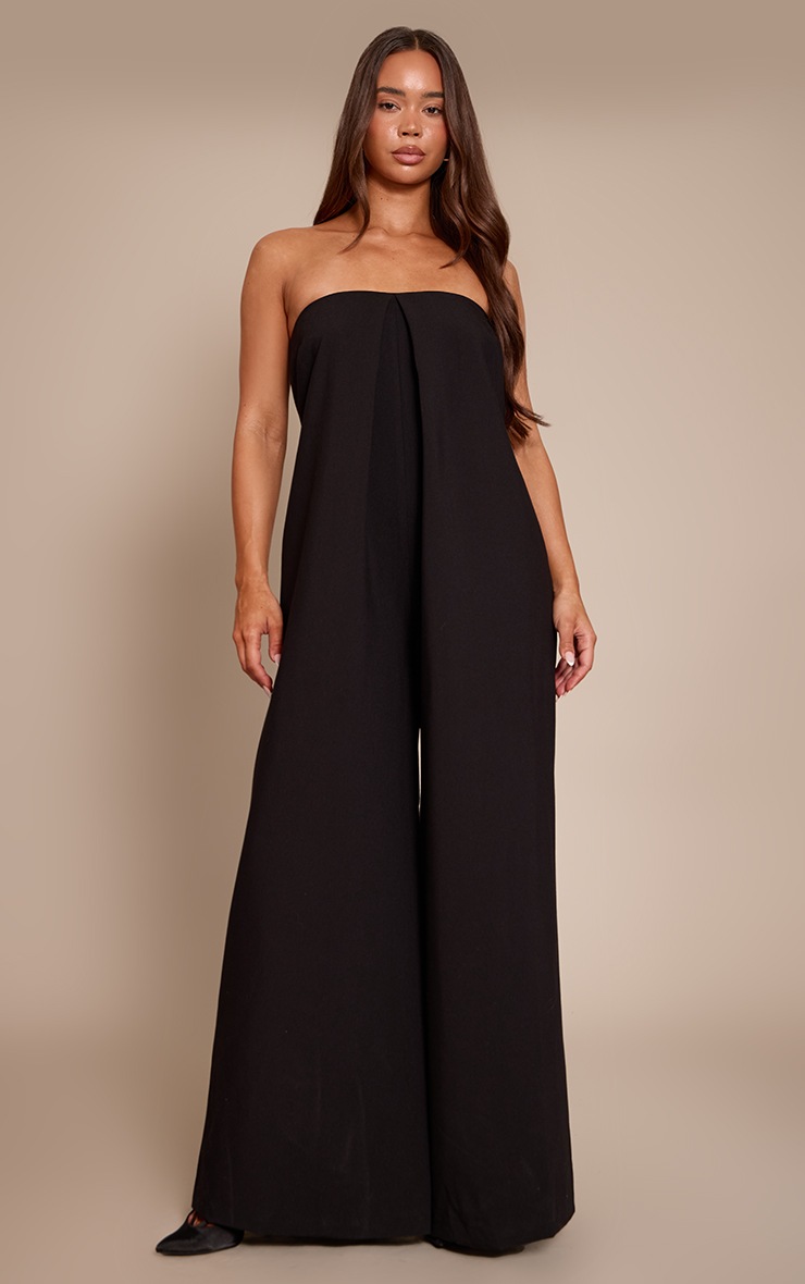 Pretty Little Thing PLT Label Black Pleat Detail Bandeau Wide Leg Jumpsuit