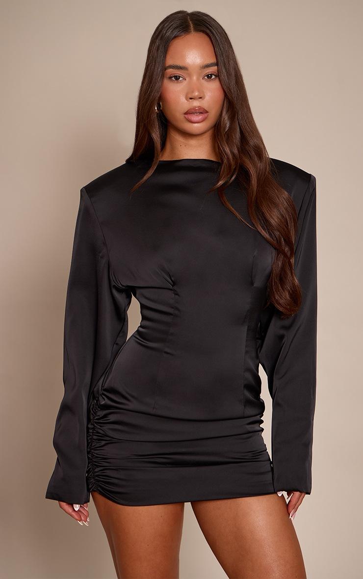 Pretty Little Thing PLT Label Black Satin Extreme Shoulder Ruched Bodycon Mini Dress