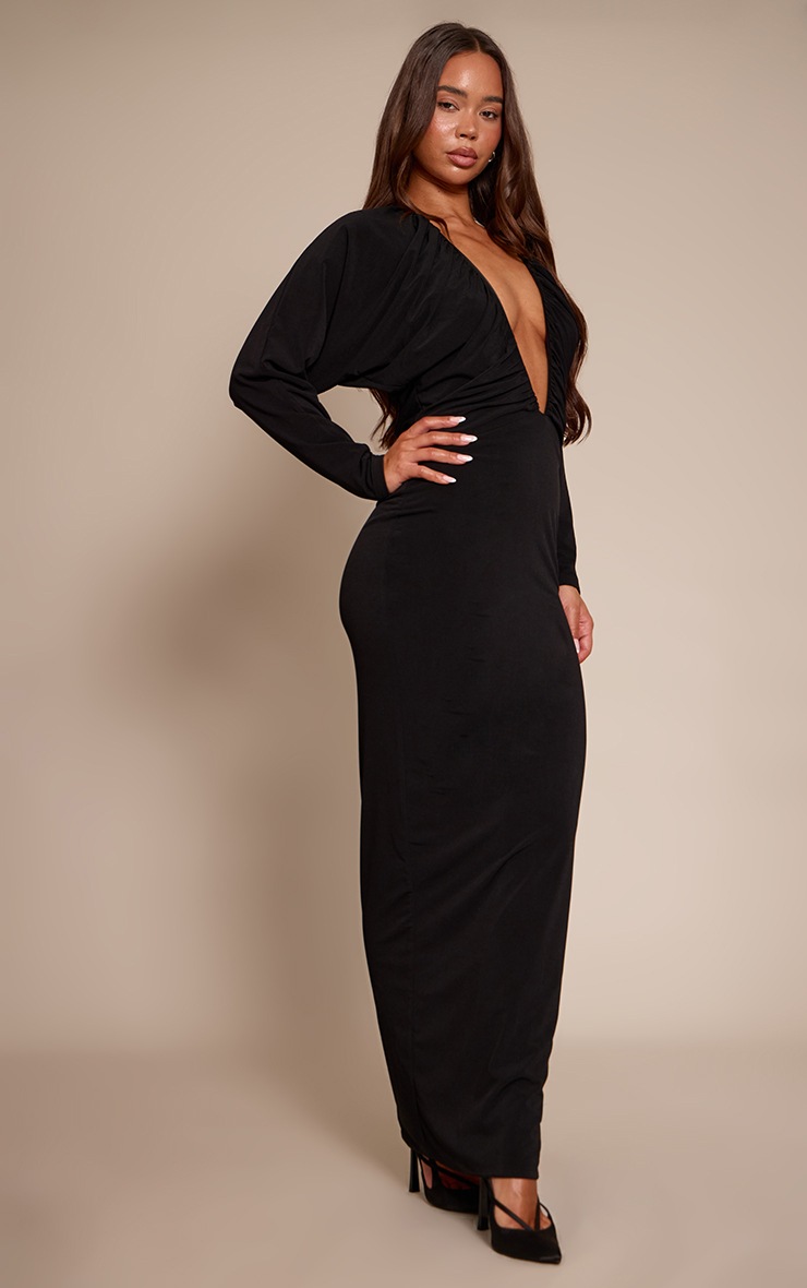 Pretty Little Thing PLT Label Black Slinky Ruched Plunge Batwing Maxi Dress