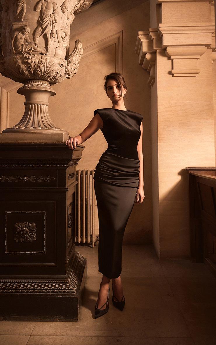 Pretty Little Thing PLT Label Black Velvet Extreme Shoulder Ruched Satin Midaxi Dress