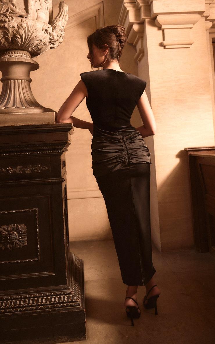Pretty Little Thing PLT Label Black Velvet Extreme Shoulder Ruched Satin Midaxi Dress