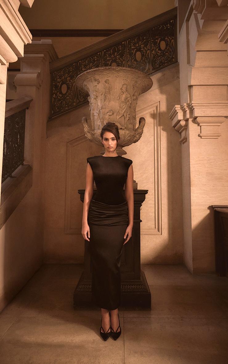 Pretty Little Thing PLT Label Black Velvet Extreme Shoulder Ruched Satin Midaxi Dress